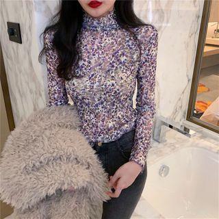 Mock-turtleneck Floral Print T-shirt