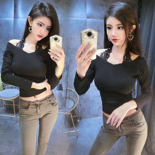 Lace Panel Off Shoulder Long Sleeve T-shirt