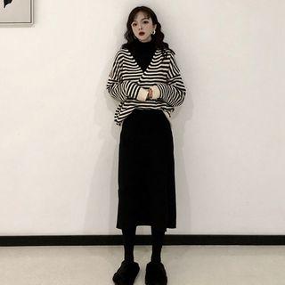 Set: Turtleneck Striped Sweater + Straight Cut Midi Skirt