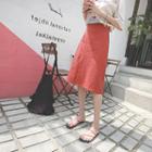 Slit-front Linen Blend Midi Skirt