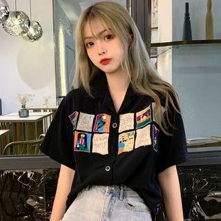 Embroidered Short-sleeve Shirt Navy Blue - One Size