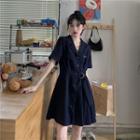 Notch Lapel Belted Mini A-line Dress