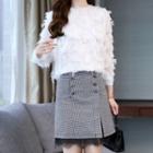 Set: Feather-accent Blouse + Lace-trim Mini A-line Gingham Skirt