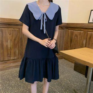 Peter Pan Collar Lace-up Strap Color Block Short-sleeve Chiffon Dress