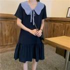 Peter Pan Collar Lace-up Strap Color Block Short-sleeve Chiffon Dress