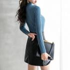 Set: Mock-neck Long-sleeve Knit Top + Faux-leather A-line Skirt