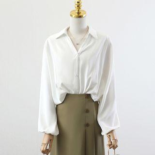 V-neck Plain Button-up Top / High-waist Plain A-line Skirt