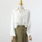 V-neck Plain Button-up Top / High-waist Plain A-line Skirt