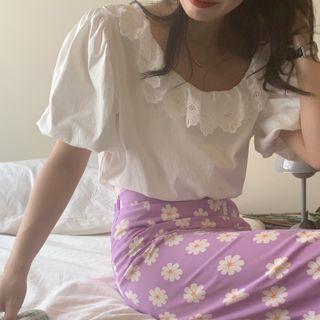 Puff-sleeve Lace Collar Blouse / Floral Print Midi A-line Skirt
