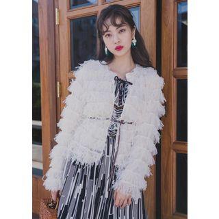 Fringe-tiered Open-front Cardigan