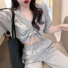 Elbow-sleeve Drawstring Crop Top / Sweatpants