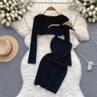 Set Of 2 : Suspender Halter Slit Dress + Long-sleeve Knit Cropped Jacket Black - One Size