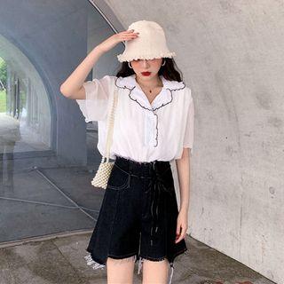 Color-block Short-sleeve Blouse / Fray Hem Denim Shorts