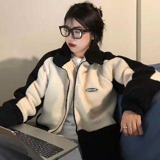 Mock-neck Two-tone Applique Lambswool Zipped Jacket Black & White - One Size