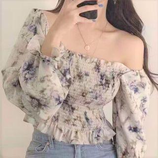 Long-sleeve Smocked Blouse Blue - One Size