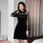 Dotted Mesh Panel Long-sleeve A-line Dress