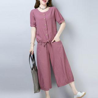 Set: Short-sleeve Buttoned Top + Wide Leg Pants