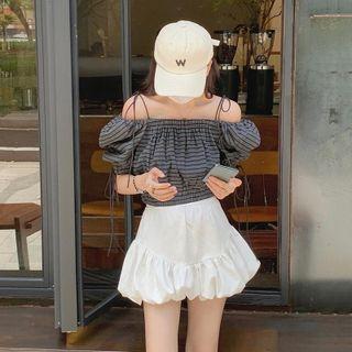 Puff-sleeve Striped Crop Top / Mini A-line Skirt