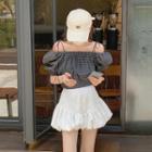 Puff-sleeve Striped Crop Top / Mini A-line Skirt