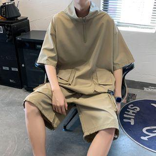 Set: Elbow-sleeve Stand Collar Half-zip T-shirt + Shorts