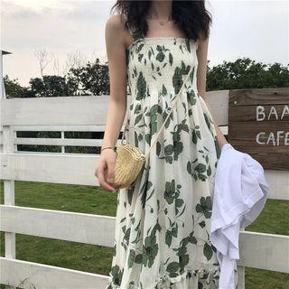 Leaf Print Sleeveless Midi A-line Dress / Open Front Light Cardigan