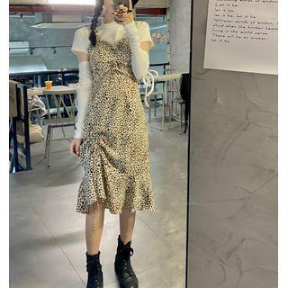 Short-sleeve Plain T-shirt / Drawstring Fingerless Gloves / Leopard Print Overall Dress / Set