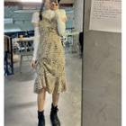 Short-sleeve Plain T-shirt / Drawstring Fingerless Gloves / Leopard Print Overall Dress / Set
