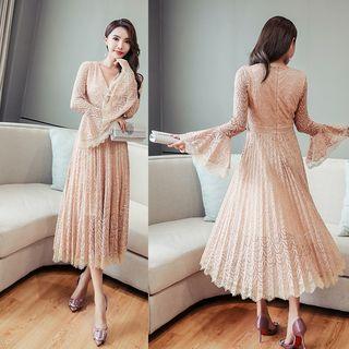 Bell-sleeve Long Sleeve Gathered-waist Tie-waist V-neck Cutout Plain Panel Lace Sheath Dress