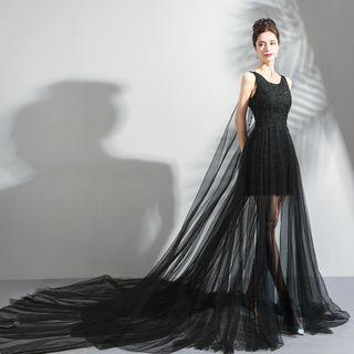 Sleeveless Mesh-panel Crochet Evening Gown
