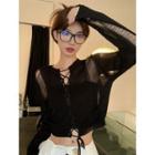Long-sleeve Lace-up Distressed Top