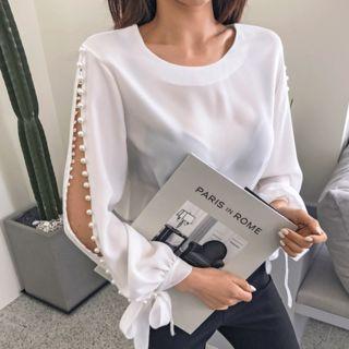 Faux-pearl Trim Slit-sleeve Chiffon Blouse
