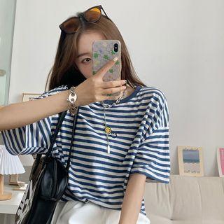 Short-sleeve Printed Striped T-shirt Blue - One Size