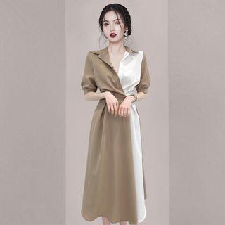 Short-sleeve Two-tone Midi A-line Shirt Dress