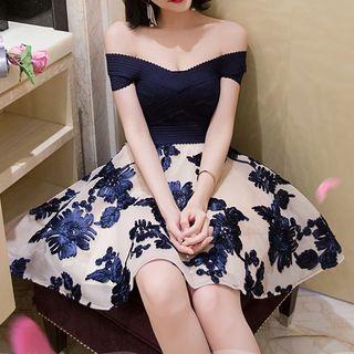 Short-sleeve Off Shoulder Embroidered A-line Dress