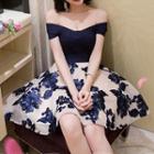 Short-sleeve Off Shoulder Embroidered A-line Dress