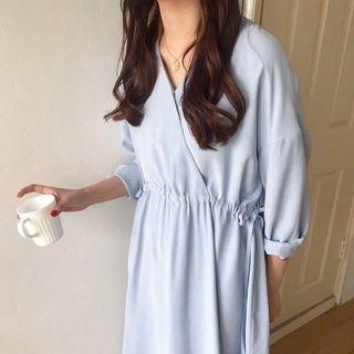 V-neck Long-sleeve Midi A-line Dress Blue - One Size