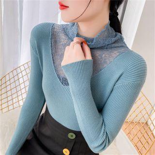 Mesh Panel Mock Turtleneck Long-sleeve Knit Top