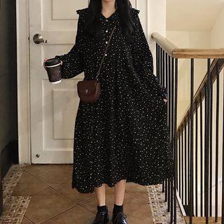 Dotted Long-sleeve Collared Midi Dress