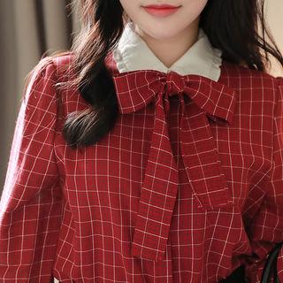 Detachable-ribbon Contrast-collar Checked Shirt