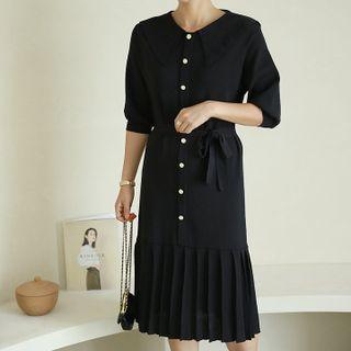 Sailor-collar Pleated Midi Knit Dress With Sash