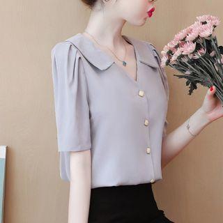 Short-sleeve Open Collar Blouse