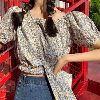 Set: Floral Short-sleeve Top + Crossbody Bag Blue - One Size