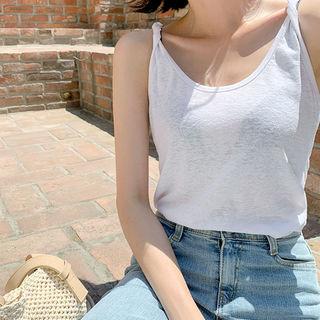 U-neck Twist-strap Linen Blend Top