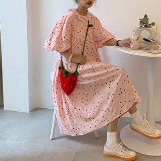 Puff-sleeve Dotted Midi A-line Dress Pink - One Size