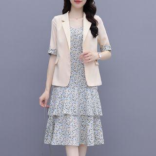 Et: Spaghetti Strap Floral Print A-line Dress + Short-sleeve Blazer