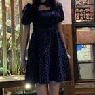 Balloon-sleeve Floral Print A-line Dress Purple Floral - Black - One Size