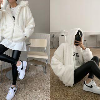 Drop-shoulder Faux-fur Zip-up Hoodie