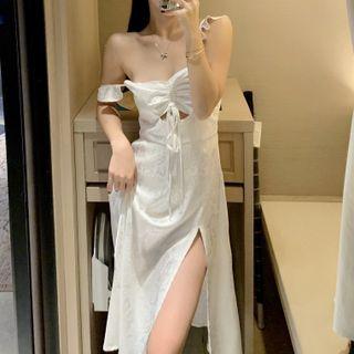 Off-shoulder Slit Midi A-line Dress