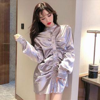 Satin Crinkled Mini Shirt Dress