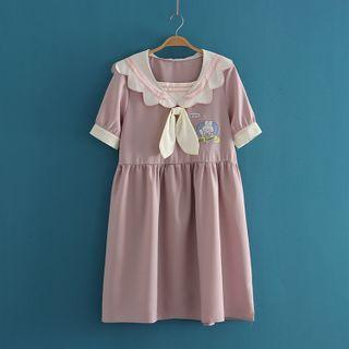 Rabbit Embroidered Sailor Collar Chiffon Short Sleeve Dress